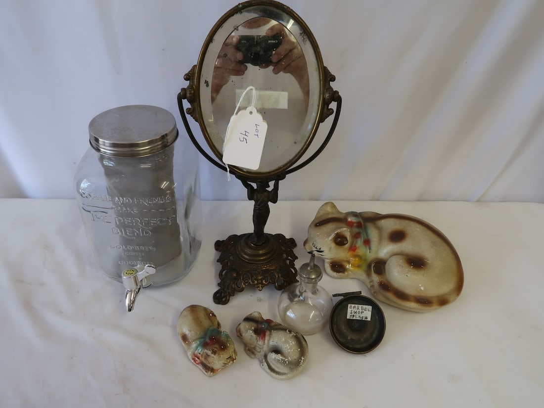 Assortment of Unique Antiques - Barber Shop Splash Bottle, Shaving Mirror, Coffee Dispenser, Chalk (1 of 3)