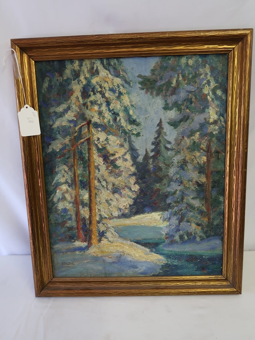 Signed Engel Abstract Antique Forest Oil Painting: 26" T x 22" W