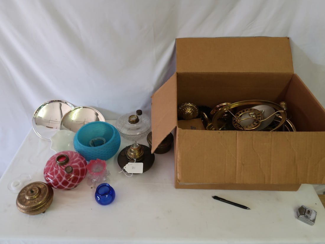 Large Box of Lamp Parts including 2 reflectors , many smoke bells, several founts (1 of 3)