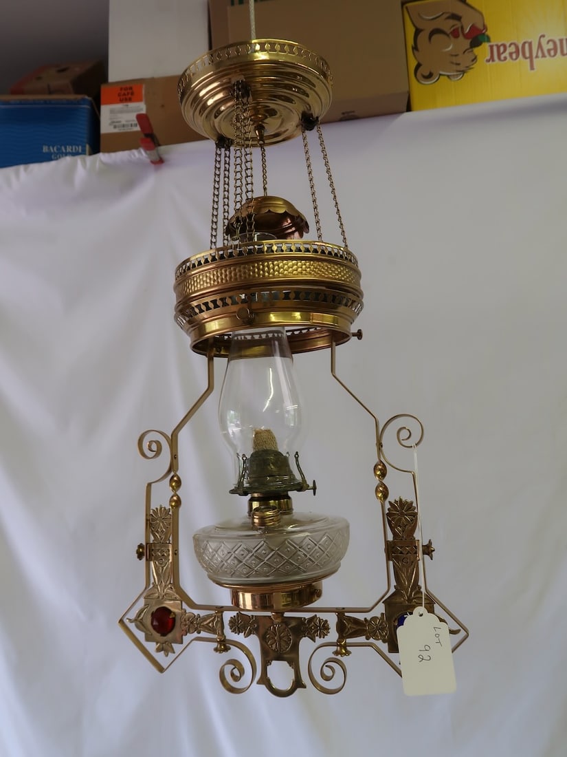 Jeweled Victorian Pinch Frame Antique Hanging Lamp (Missing Shade) (1 of 3)