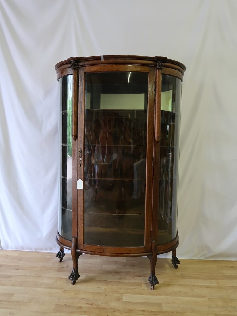 Oak Curved Glass China Cabinet w/ Claw feet (1 of 4)