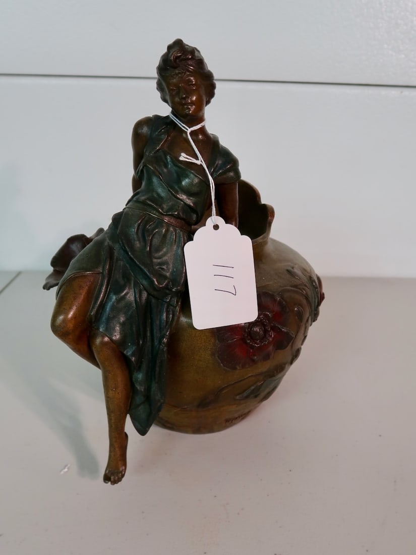 Large Colded Painted Signed Art Nevo Woman Planter: 12" Tall X 10" Wide