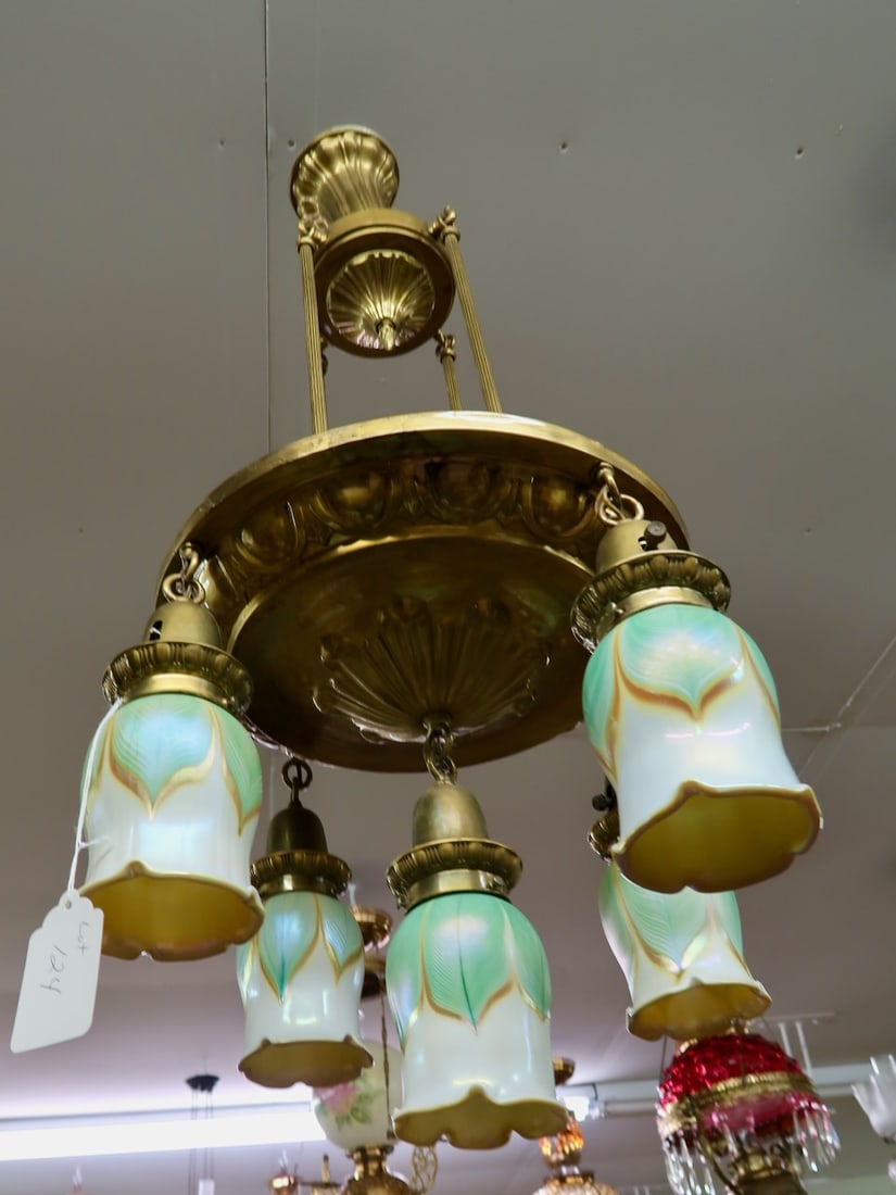 Ornate Brass Chandelier w/Feathered Art Glass Shades: 42" Drop X 16" Round