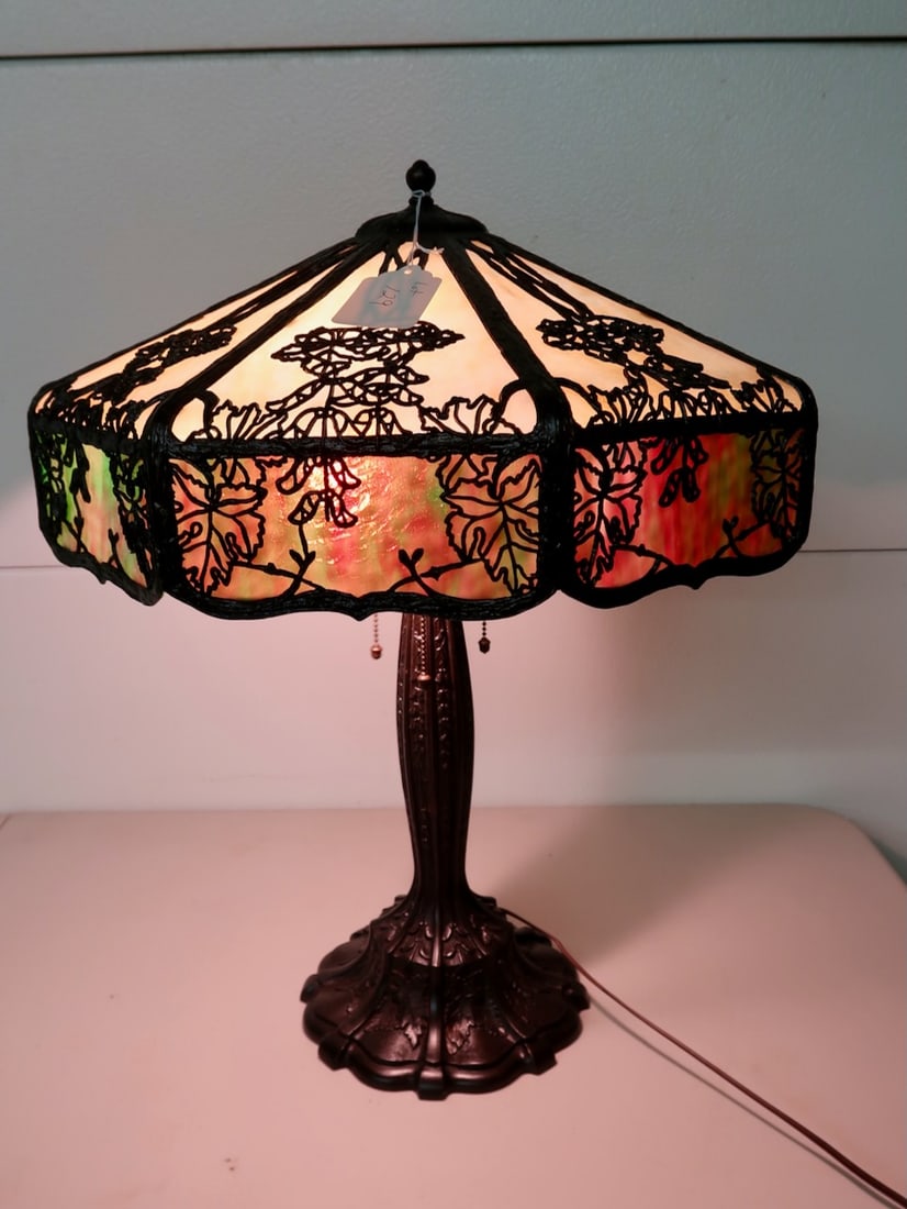 Very Ornate Bronze Panel Lamp w/Filegree Shade (1 of 3)