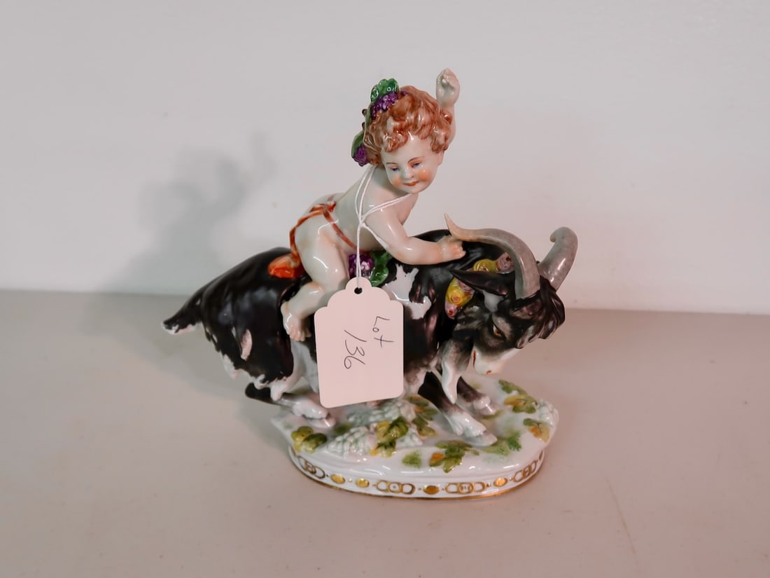 Large Figural Cupid on Goat Statue- Marked Germany: 9" Tall X 9" Long X 4 1/2" Wide