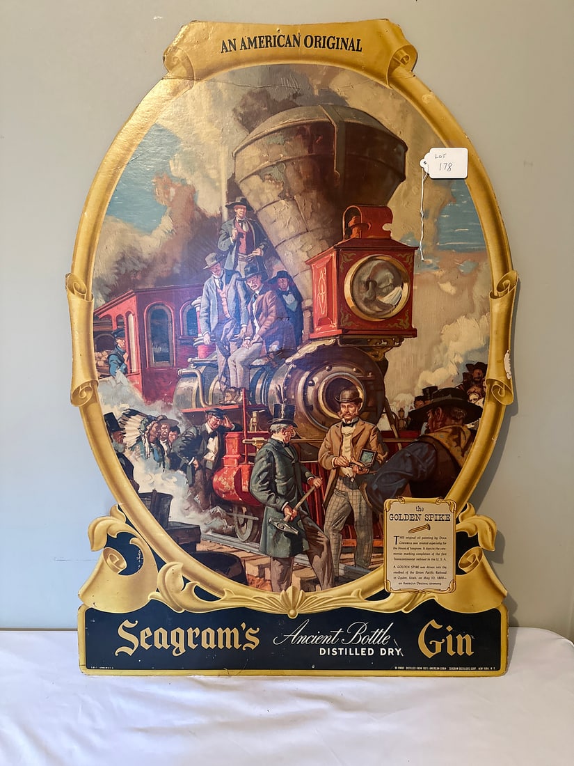 Seagram's Vintage Cardboard Advertising Sign: Seagram's 'American Original' advertising sign featuring Dean Cornwell's depiction of the Golden Spike ceremony. Ideal for vintage advertising and historical memorabilia collectors due to its rich his