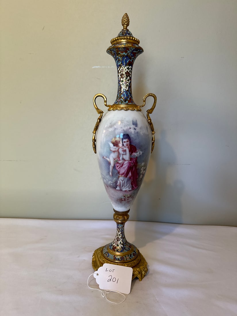 Decorative Porcelain & Bronze Sevs Urn with Gold Accents (1 of 6)