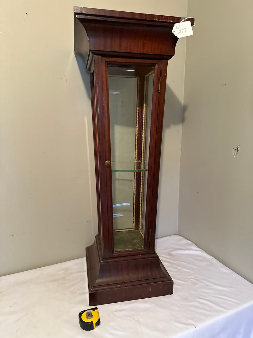 Antique Wooden Display Cabinet: Elegant wooden display cabinet with glass door and shelf, ideal for showcasing collectibles. Its rich wood finish and vintage appeal make it a perfect addition to any home or collection. Minimal wear 
