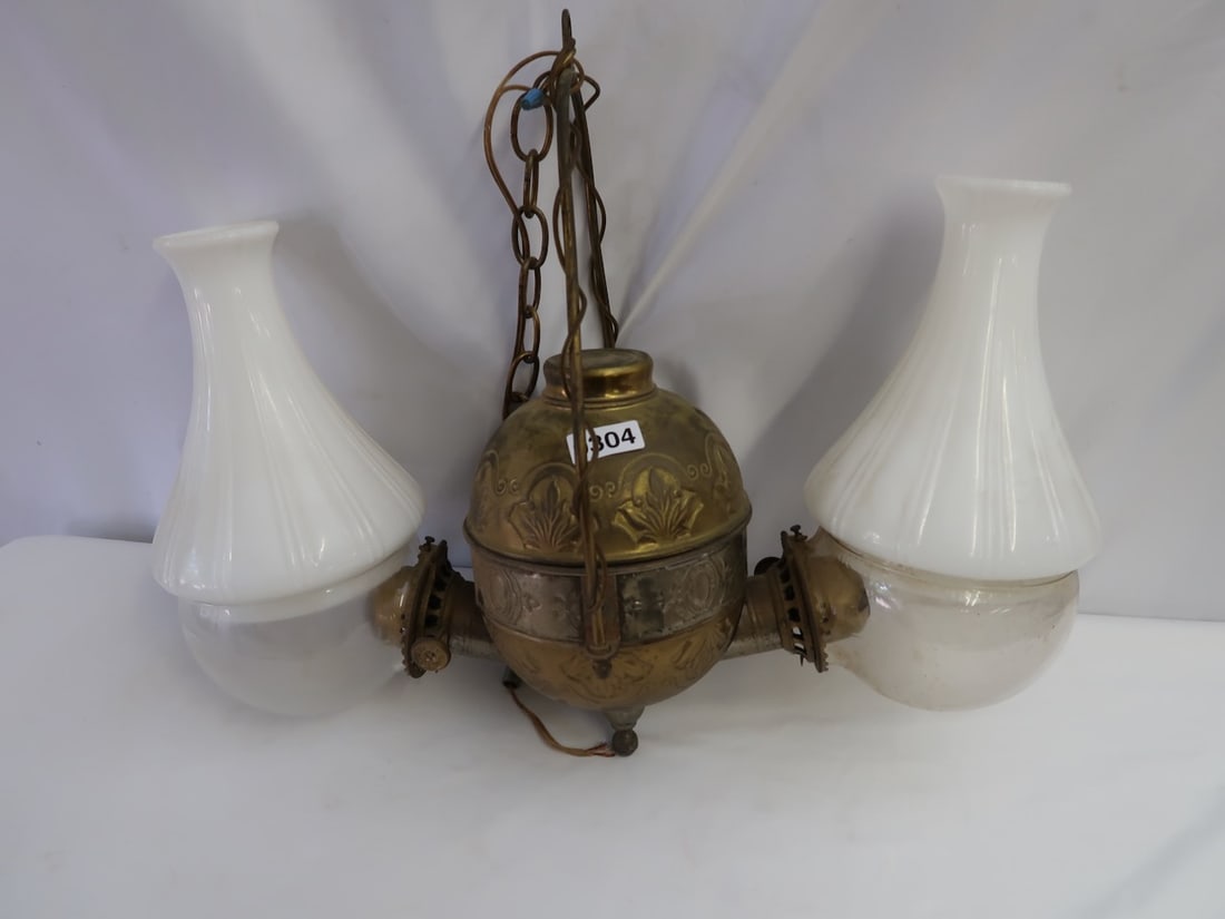 Early Hanging Angle Kerosene Lamp w/ Shades (1 of 3)