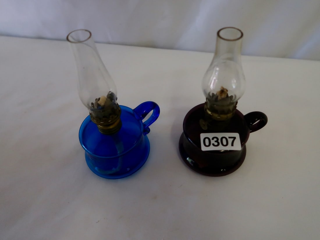 1 Purple & 1 Blue Little Butter Cup Miniature Antique Kerosene Finger Lamps: 7.5" T x 2.75" Diameter