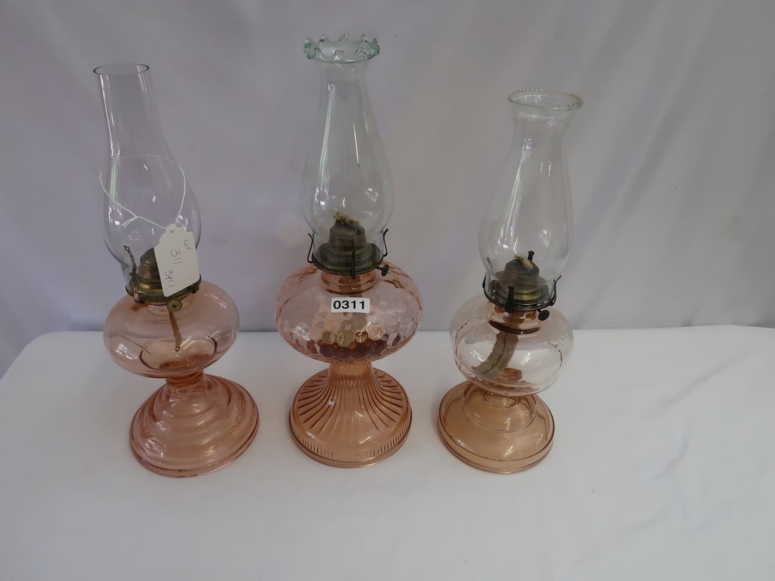 3 Pink Antique Kerosene Lamps: Largest: 19"T x 7" Diameter Font