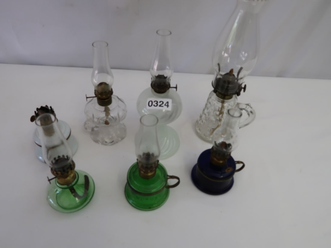7 Miniature Antique Kerosene Lamps (Incl. 2 Nut Megs): Largest: 11" T
