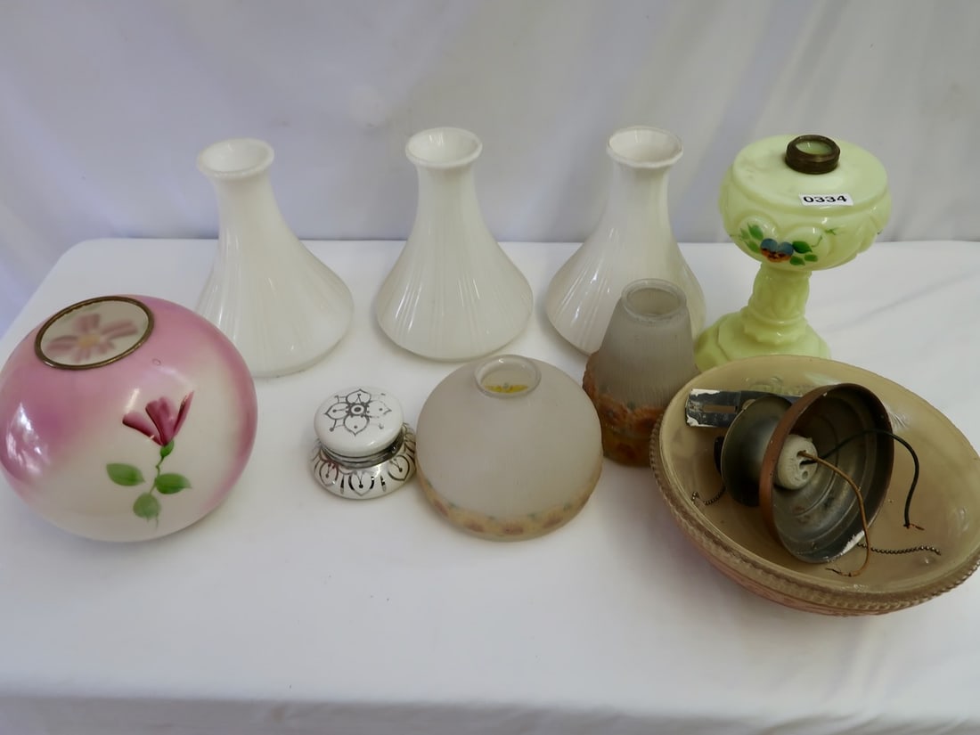 Lot of Miscellaneous Shades & 1 Custard Glass Kerosene Lamp Base (1 of 3)