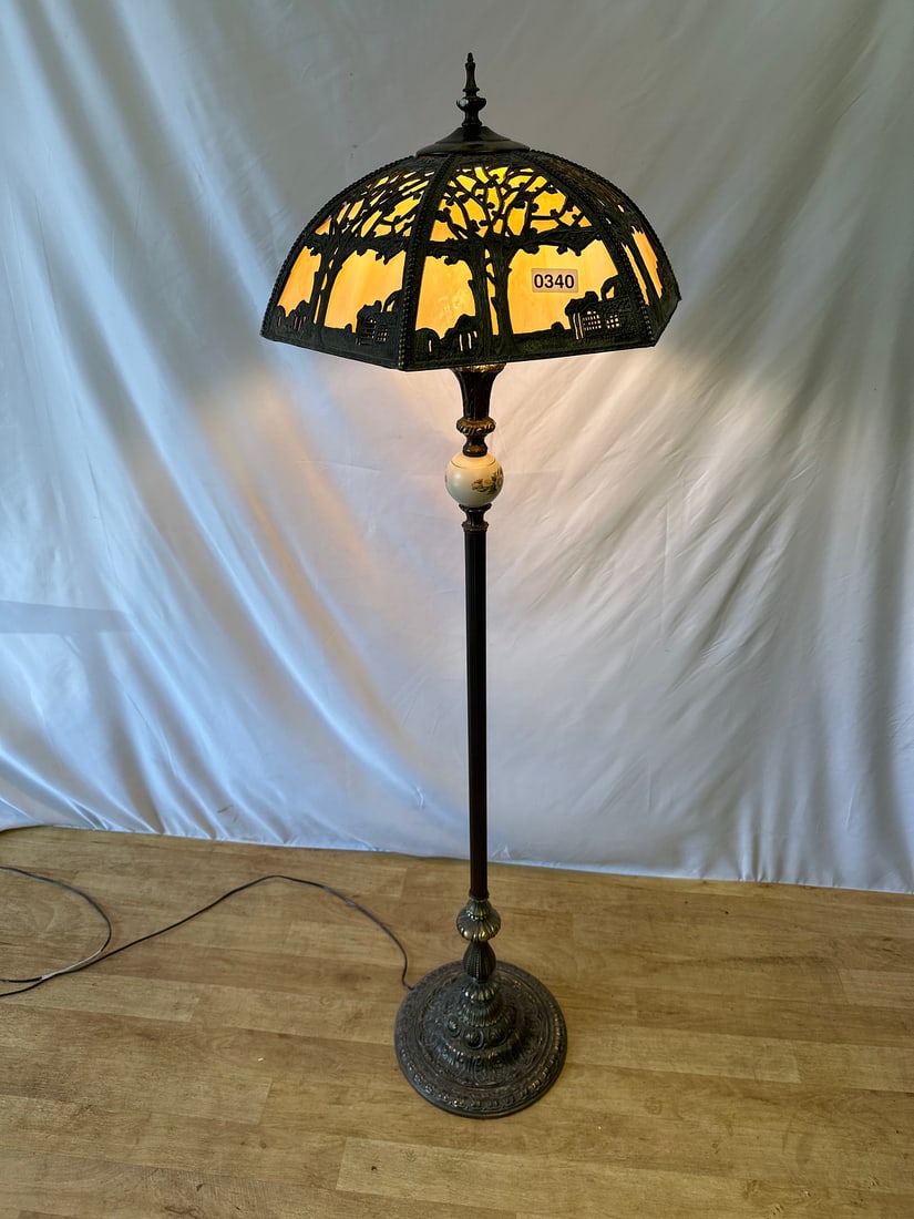Vintage Art Nouveau Floor Lamp with Stained Glass Shade: Elegant floor lamp featuring an intricate stained glass shade with tree motifs, perfect for adding a touch of Art Nouveau charm to any living space. Ideal for vintage decor enthusiasts. Size: Size: 55
