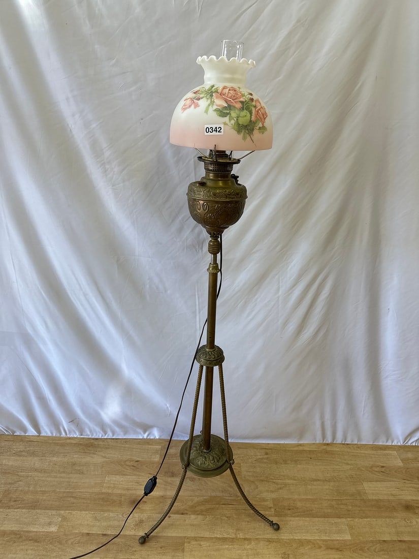 Antique Victorian Brass Floor Lamp with Floral Glass Shade (1 of 4)