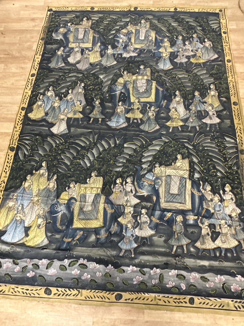 Antique Asian Painting on Silk Tapestry: An exquisitely detailed tapestry capturing a traditional Asian procession scene with elephants and figures in vivid colors. Ideal for home decor or art collection of cultural artifacts. Perfect for ad