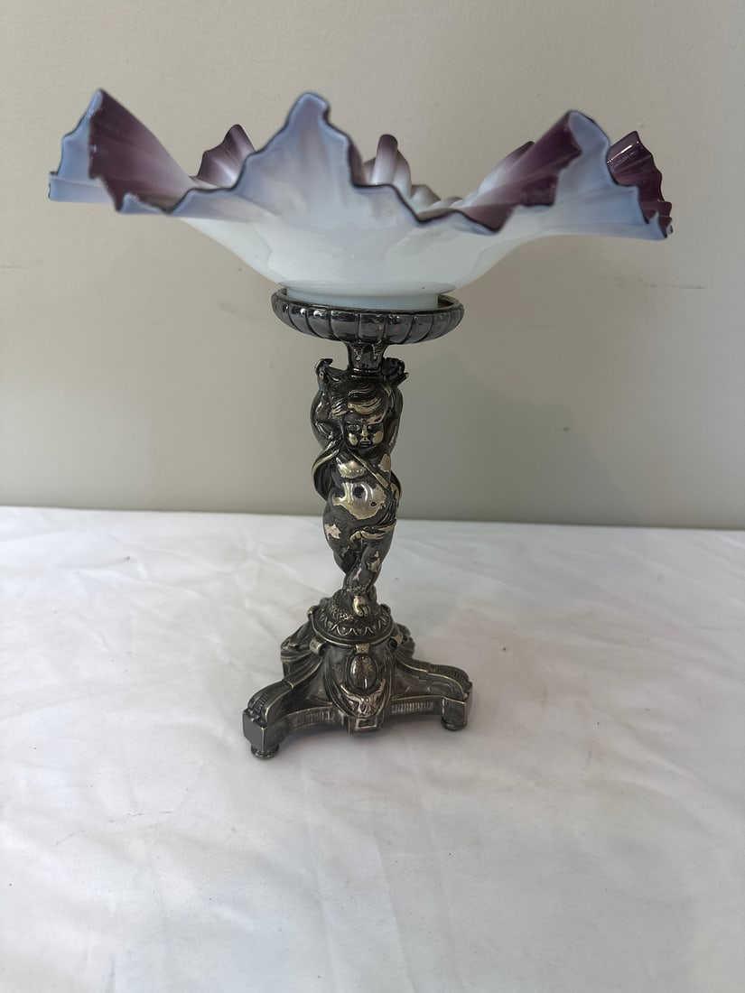 Antique Silver Cherub Compote with Ruffled Glass Dish (1 of 4)