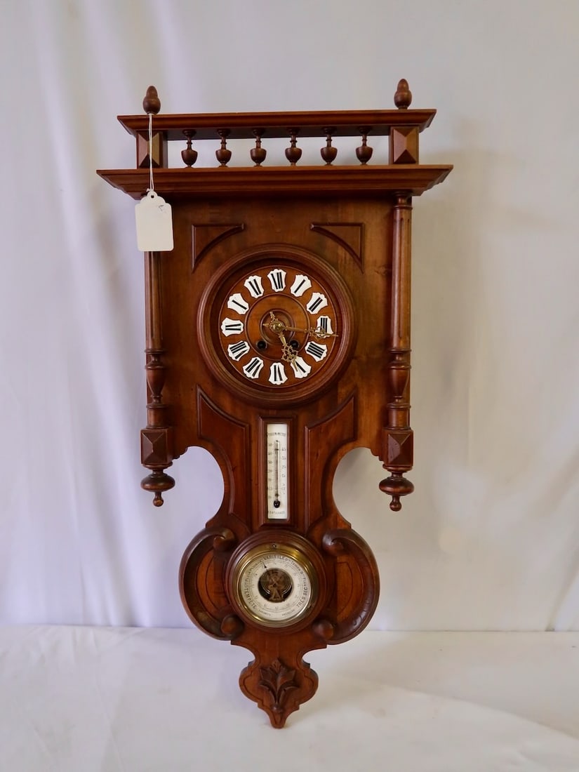 Carved Antique Wall Clock w/ Barometer & Thermometer (w Key & Pendulum) (1 of 4)