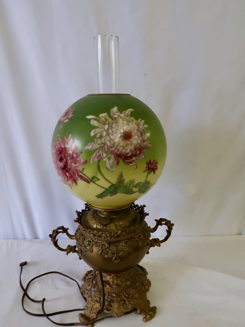 Ornate Electrified Antique Banquet Lamp  w/ Hand painted Shade (1 of 3)