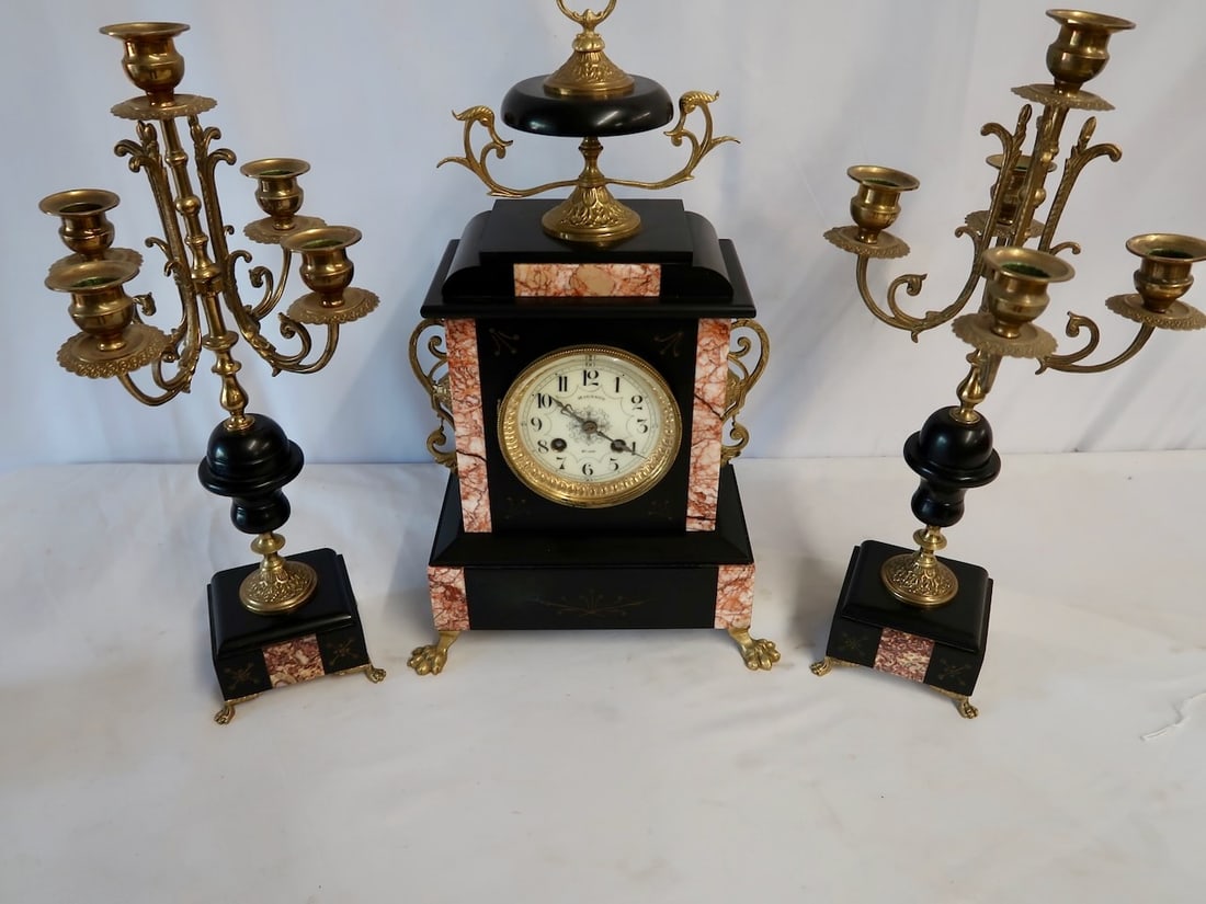 Ornate Marble & Brass 3 Piece Mantle Clock Set w/ Pendulum (1 of 4)