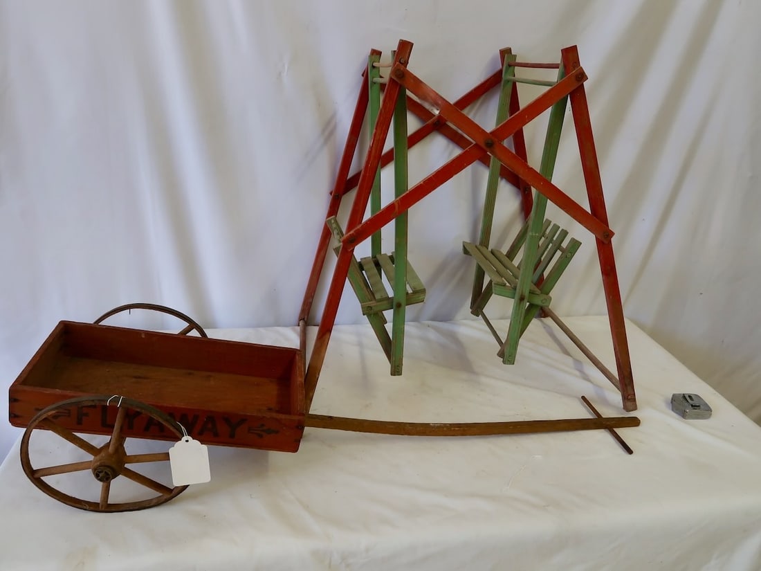Child's Antique "Fly Away" Cart and Folding Swing: Largest: 24" T x 14" D x 24" W