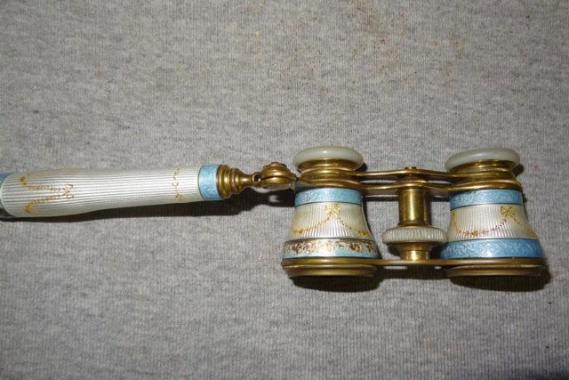Enameled Opera Glasses: 9" Long- Slight Loose of Enamel on Handle- Working