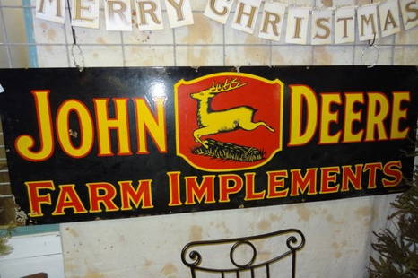 John Deere Porcelain Farm Implement Sign: 6 Ft. Long X 2 Ft. High- Some Small Chips in Porcelain- But over all Very Nice Condition