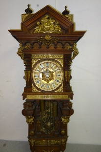 Large German Bronze & Oak Clock: Signed S Peter's on Bronze Plate in Crest- 2 Weights- 4Ft Tall X 20" Wide X 11" Deep- Fine Clock