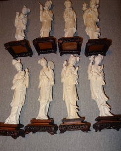 8 Ivory Women Holding Flowers Complete Set: 12" High Each by 2 1/2" Wide on Teakstands- From Private Collection of a Honeywell Executive of 50 years. No International Shipping on Ivory-USA Law