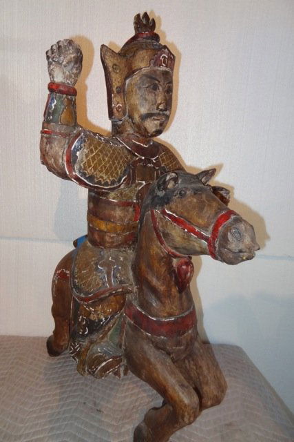 Chinese Warrior on Horse: Made of Wood- 36" Tall X 28" Long- Polycrome Worn with Small Wood Pcs Off Shoulder- We have the pcs.