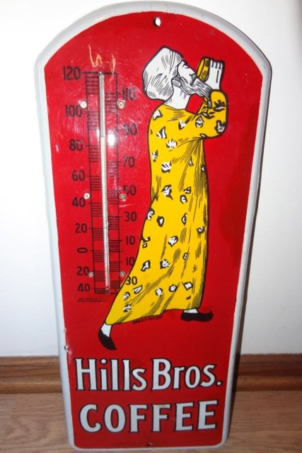 Hill's Bro's Coffee Porcelain Thermometer: 21" X 9" Wide- Slight Pc's of Porcelain Chips- Small otherwise Fine