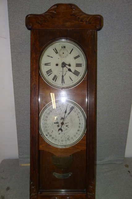 Large New Haven 30 Day Wall Double Dial Oak Clock: 43" Tall X 16" Wide-Original Condition