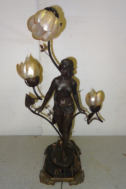 Large Art Nouvea Figural Lamp: Large Art Nouvea Figural Lamp w/Seashell Sades on a Marble Base- 30" Tall X 16" Wide X 12" Deep Base- One Petal Loose- Original Petina