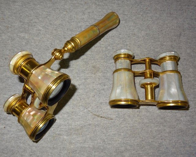 2 Mother of Pearl Operal Glasses on w/Handle: Signed Lemaire Fab Paris