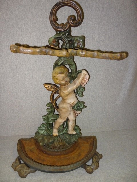 Early Cast Iron Cupid Umbrella Stand: 26" Tall X 16" Wide