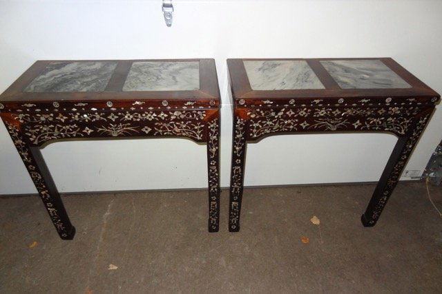 Pair of Chinese Mother of Pearl Teakwood Marbletopped: The Pair of Chineses Mother of Pearl Teakwood Marbletopped Tables with Original Labels-Each 30" Tall X 30" Wide X 15" Deep