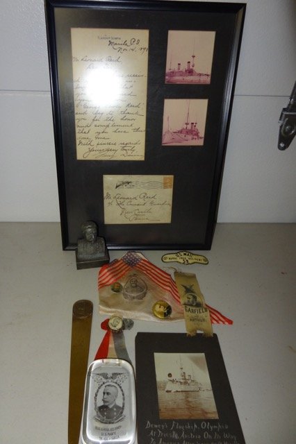 Lot of Admiral Dewey Memorabilia: Match Safe Pins, Handkerchief, Photo Paperweight, Cloth Pendant