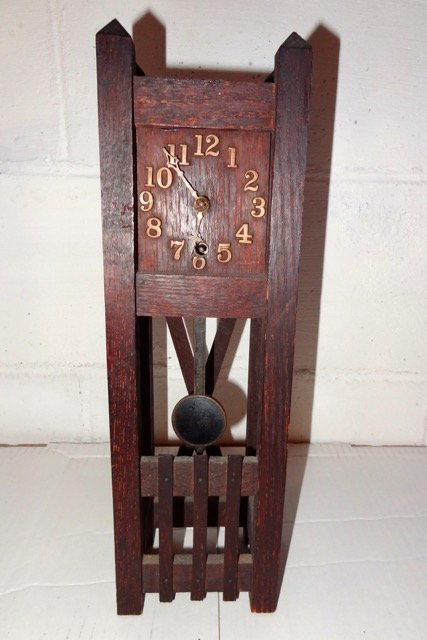 Salesman Sample Oak Mission Grandfather Clock: 15" Tall X 4 1/2" Wide X 3 1/2" Deep w/ Label & Key