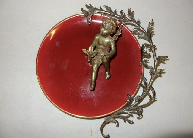 Hanging Cupid Pottery Wall Hanger: Metal Cupid & Filagree on Red Pottery Plate- 12" Rd.