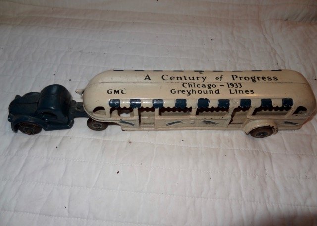 1933 & 1936 Cast Iron Toys: 1933 & 1936 Century of Progress Cast Iron Arcade Toys- Largest -12" Long X 2" High- Original Paper Label