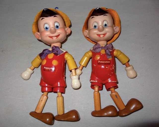 2 Jointed Pinocchio's: 11" Tall- Made by Ideal Toy Company-Shrinkage Crack in Molded Heads