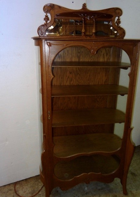 Ornate Oak Curved Glass Curio (1 of 3)