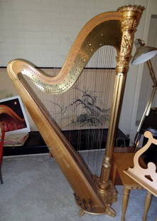 Lyon & Healy Concert Grand Harp: No. 3223-Concert Grand Harp in Original Case- 6 ft. Tall X 36" Deep X 20" Wide- Gold Gilt & Tiger Maple Body- Comes w/Stool & Music Stand-Needs Restringing