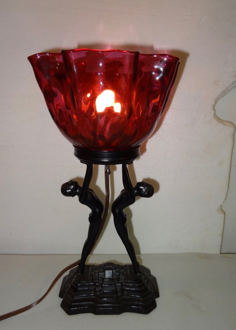 Deco Style Double Figural Lamp w/Cranberry Shade (1 of 2)