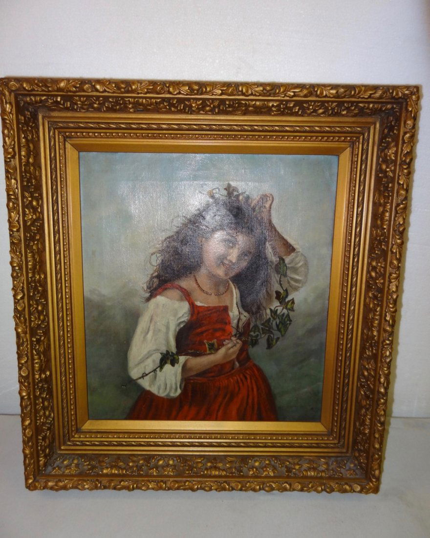 Unsigned Oil Painting of Young Girl in Ornate Frame (1 of 4)
