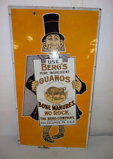 Rare Berg's Porcelain Advertising Sign: Pure Ingredient Guanos and Bone Manures No Rock. The Berg Company. Manufacturers Philadelphia, PA U.S.A.36" Tall X 20" Wide- 2 Small imperfections Pictured-Original Label on Back