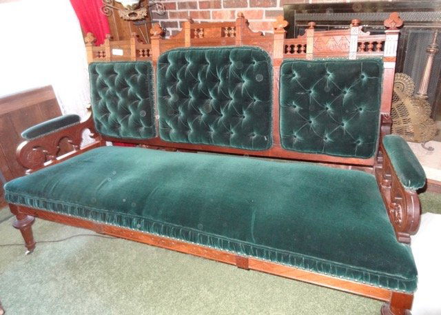 Victorian Reupholster Couch Green Tuffted (1 of 1)