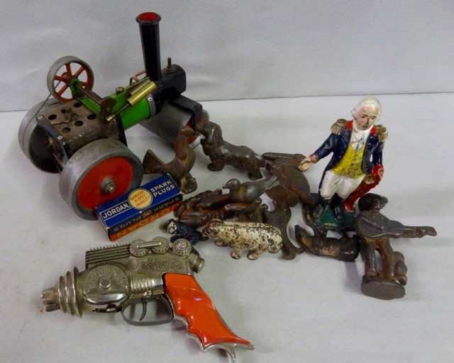 Box Lot of Toys: Includes-Atomic Disintegrater Cap Gun- Cast Iron George Washinton Box- Steam Engin- Iron Toys