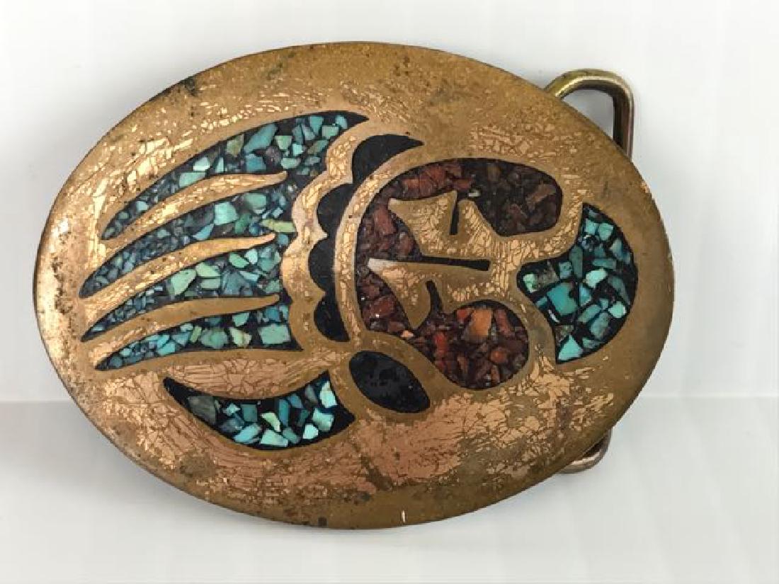 Brass Belt Buckle: Brass, Bear claw inlaid with turquoise and otters stones, Harmony Metal Colorado
