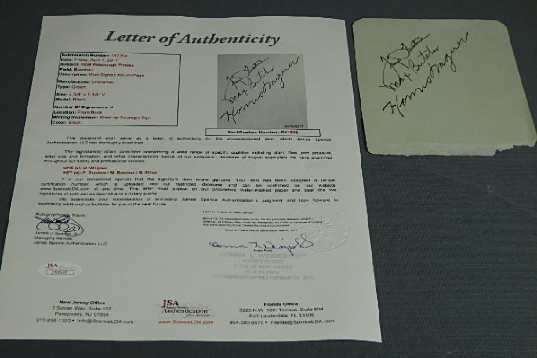 1939 Pittsburgh Pirates Autographed Album Sheet Ho: Was certified through James Spence submission number 152354 certification number z41659. Has signatures of H wagner, F Gustine, and Max Butcher on the front. On the back is B Elliot.